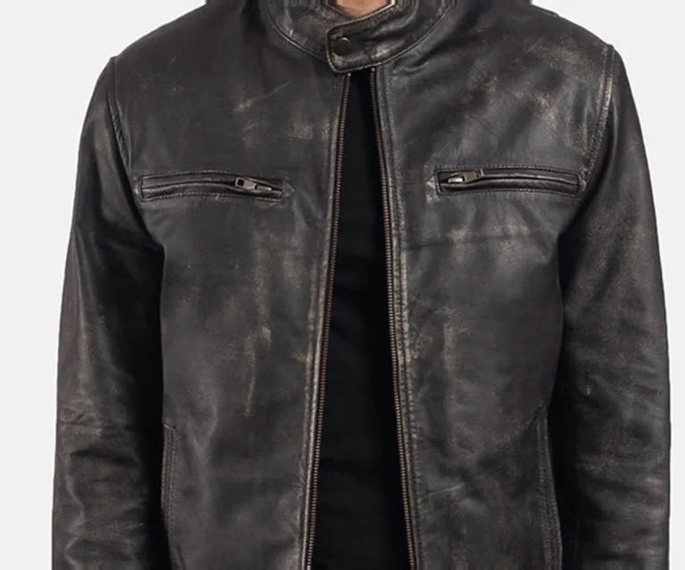Rustic Brown Leather Biker Jacket — Full-Length Model Editorial Presentation