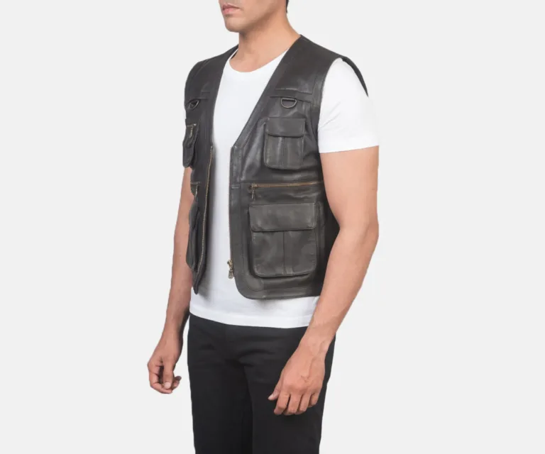 Safari Brown Leather Vest — Quarter Angle Profile & Armhole Detail