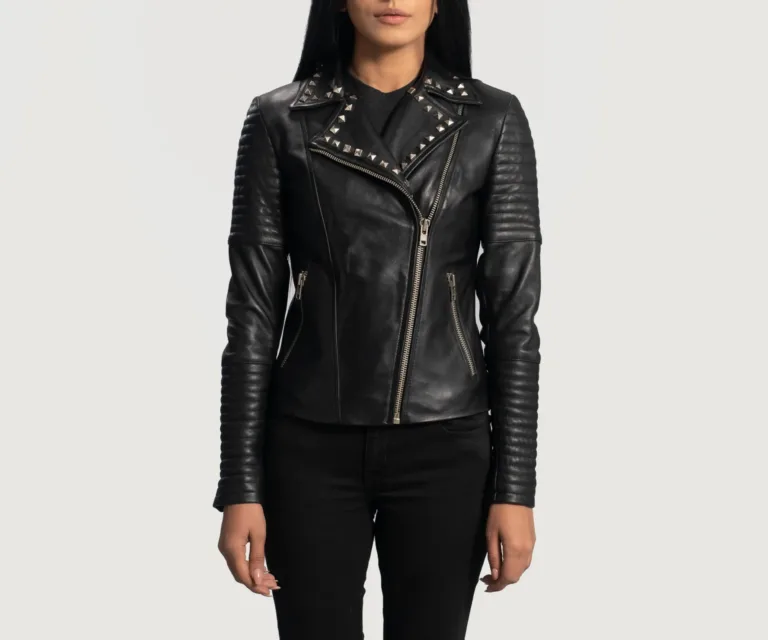 Sally Mae Studded Black Leather Biker Jacket Luxury Women's Biker Jacket — Front Silhouette Hero Presentation