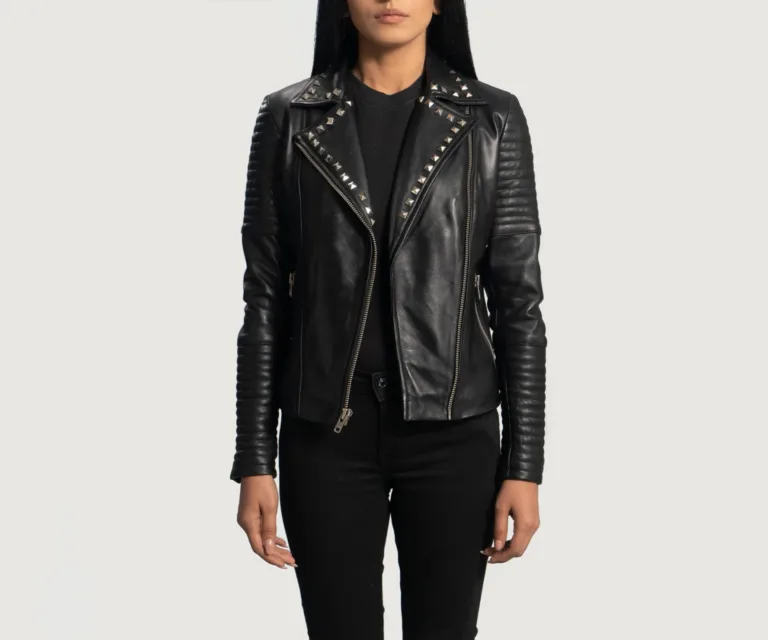 Sally Mae Studded Black Leather Biker Jacket Luxury Women's Biker Jacket — Asymmetrical Zipper & Lapel Architecture