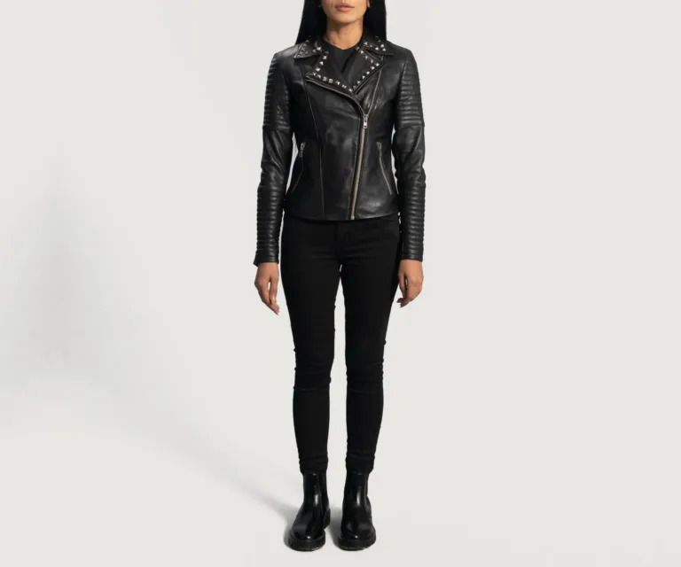 Sally Mae Studded Black Leather Biker Jacket Luxury Women's Biker Jacket — Rear Profile & Tailored Seaming
