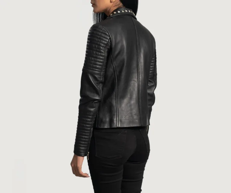 Sally Mae Studded Black Leather Biker Jacket Luxury Women's Biker Jacket — Macro Hardware & Leather Grain