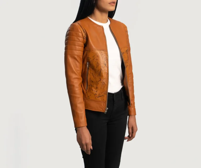 Sandy Tan Dye Leather Biker Jacket Luxury Women's Biker Jacket — Three-Quarter Editorial Perspective