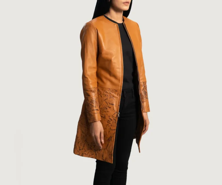 Sandy Tan Dye Leather Coat Luxury Women's Outerwear — Three-Quarter Editorial Perspective