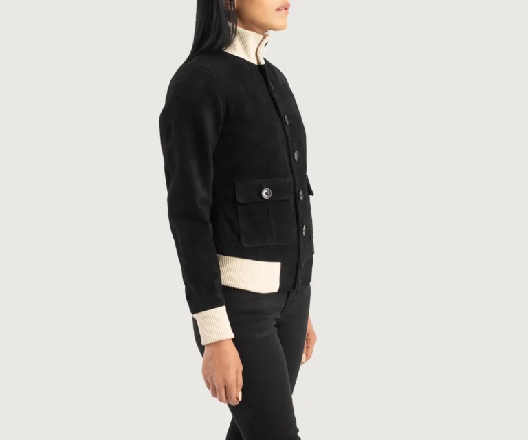 Sasha A1 Black Suede Bomber Jacket Luxury Women's Outerwear — Three-Quarter Editorial Perspective
