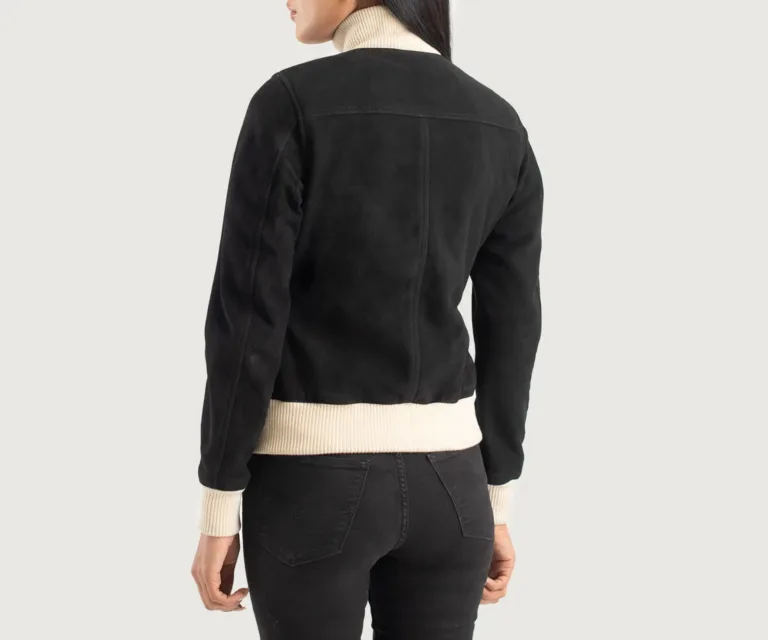 Sasha A1 Black Suede Bomber Jacket Luxury Women's Outerwear — Macro Hardware & Leather Grain