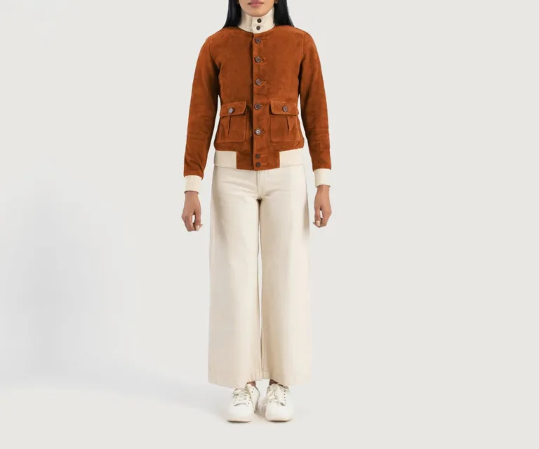 Sasha A1 Brown Suede Bomber Jacket Luxury Women's Outerwear — Collar & Ribbed Trim Architecture