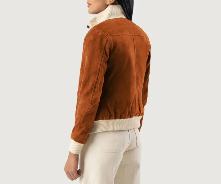 Sasha A1 Brown Suede Bomber Jacket Luxury Women's Outerwear — Macro Hardware & Leather Grain