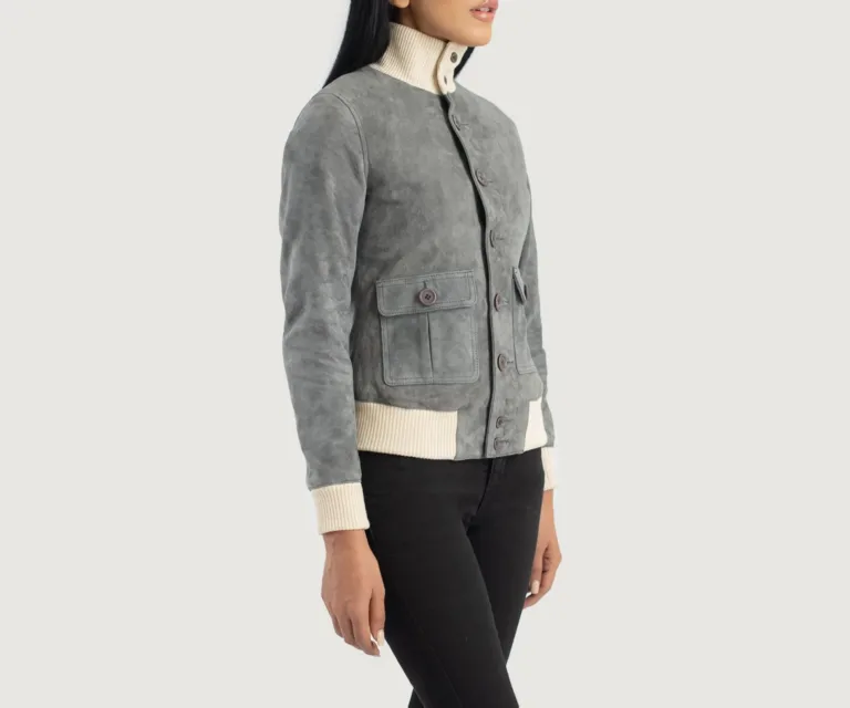 Sasha A1 Grey Suede Bomber Jacket Luxury Women's Outerwear — Three-Quarter Editorial Perspective