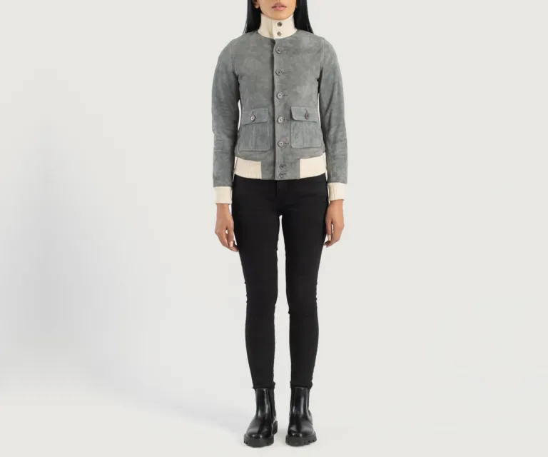 Sasha A1 Grey Suede Bomber Jacket Luxury Women's Outerwear — Collar & Ribbed Trim Architecture