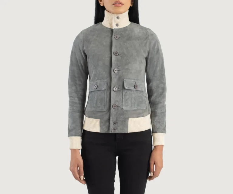 Sasha A1 Grey Suede Bomber Jacket Luxury Women's Outerwear — Rear Profile & Tailored Seaming