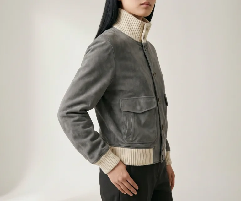 Sasha A1 Grey Suede Bomber Jacket 3/4 Profile 1080x900