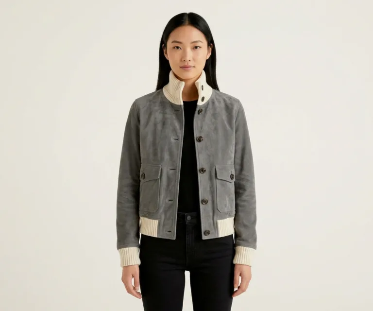 Sasha A1 Grey Suede Bomber Jacket Front View 1080x900