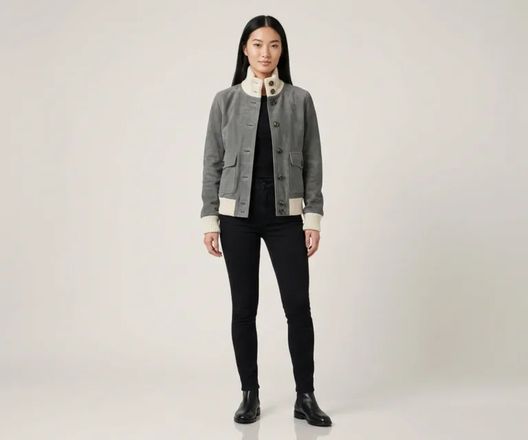 Sasha A1 Grey Suede Bomber Jacket Lifestyle Studio 1080x900