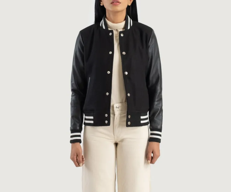 Savant Black Hybrid Varsity Jacket Luxury Women's Outerwear — Front Silhouette Hero Presentation