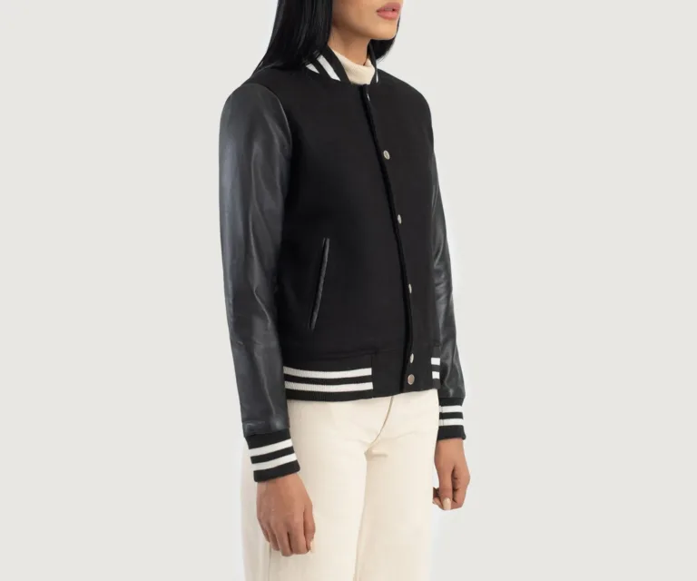 Savant Black Hybrid Varsity Jacket Luxury Women's Outerwear — Three-Quarter Editorial Perspective