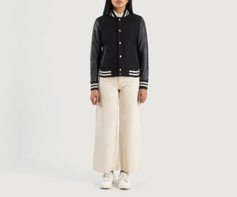 Savant Black Hybrid Varsity Jacket Luxury Women's Outerwear — Collar & Ribbed Trim Architecture