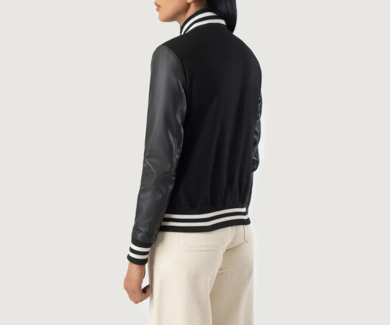 Savant Black Hybrid Varsity Jacket Luxury Women's Outerwear — Macro Hardware & Leather Grain