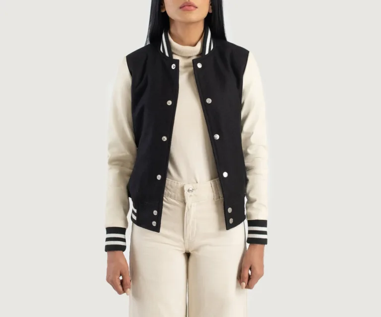 Savant Black & White Hybrid Varsity Jacket Luxury Women's Outerwear — Front Silhouette Hero Presentation