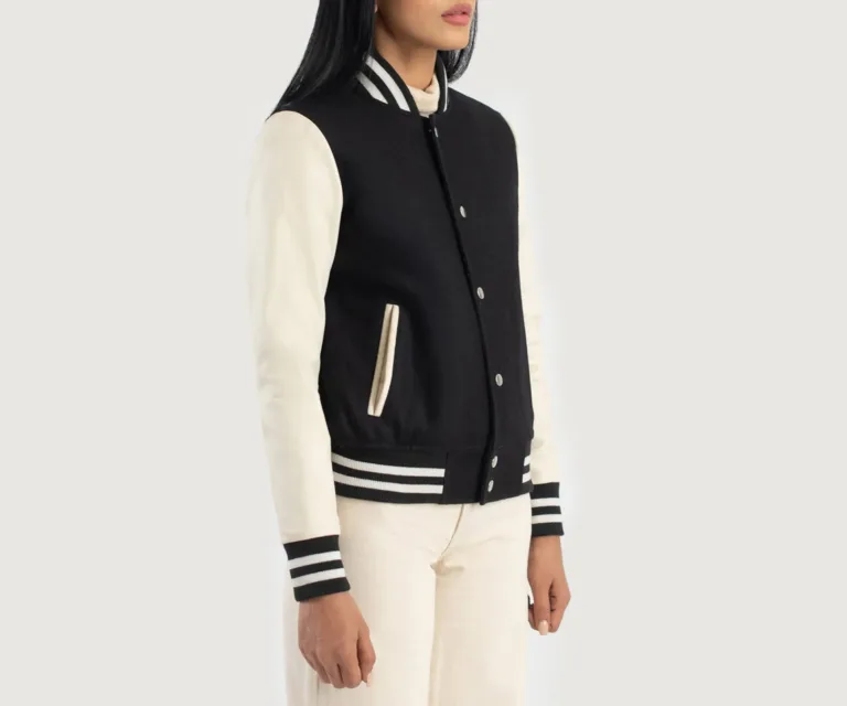 Savant Black & White Hybrid Varsity Jacket Luxury Women's Outerwear — Three-Quarter Editorial Perspective