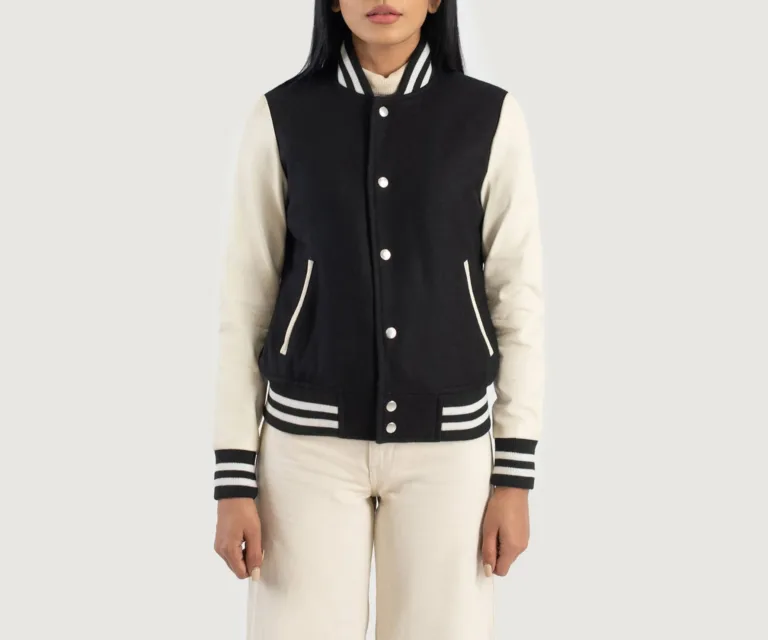 Savant Black & White Hybrid Varsity Jacket Luxury Women's Outerwear — Rear Profile & Tailored Seaming