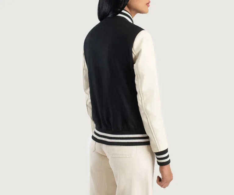 Savant Black & White Hybrid Varsity Jacket Luxury Women's Outerwear — Macro Hardware & Leather Grain