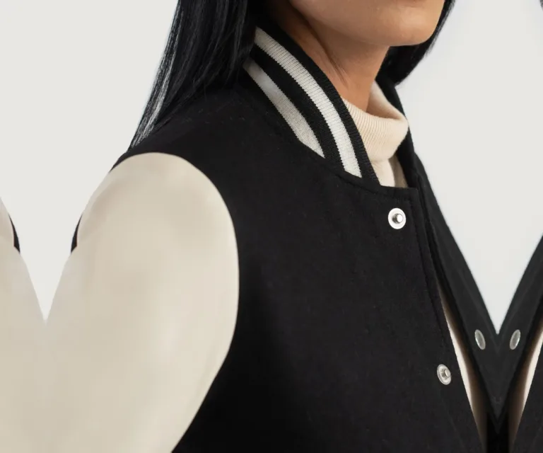 Savant Black & White Hybrid Varsity Jacket Luxury Women's Outerwear — Full-Length Silhouette & Drape