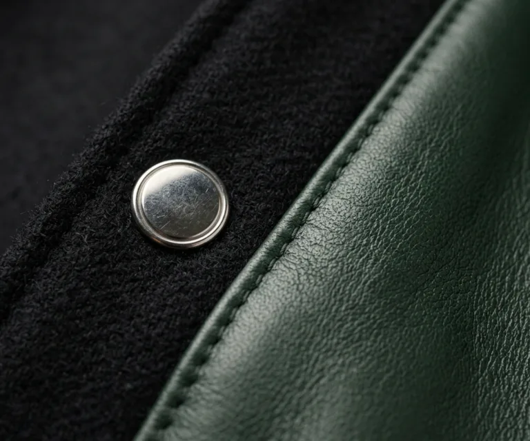 Savant Green & Black Hybrid Varsity Jacket Macro Hardware Detail 1080x900
