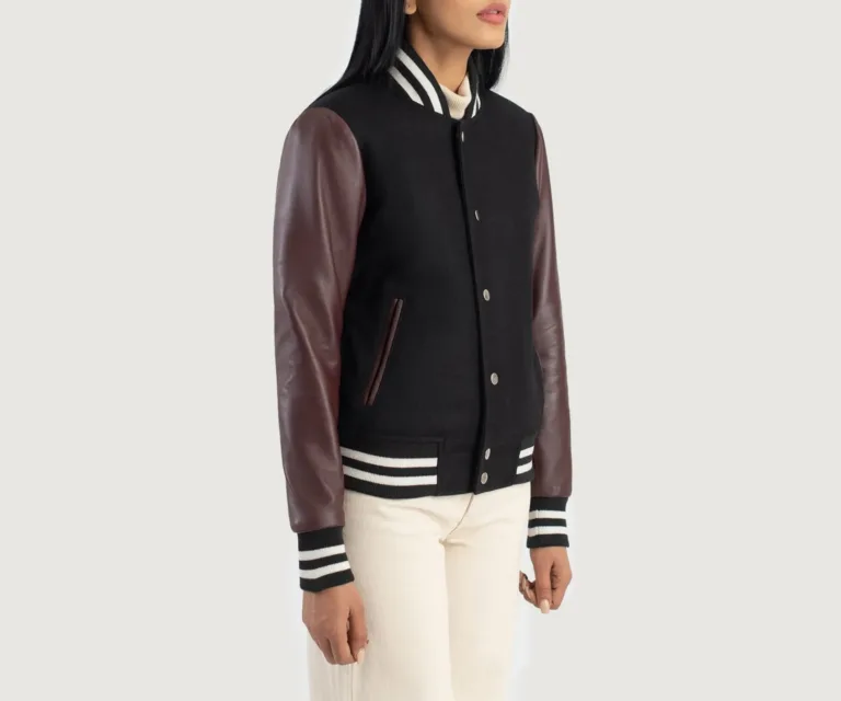 Savant Maroon & Black Hybrid Varsity Jacket Luxury Women's Outerwear — Three-Quarter Editorial Perspective