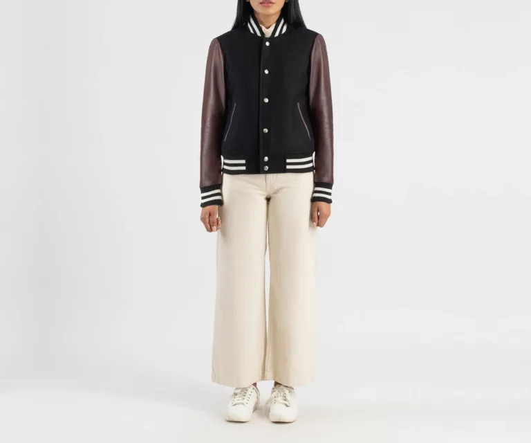 Savant Maroon & Black Hybrid Varsity Jacket Luxury Women's Outerwear — Collar & Ribbed Trim Architecture