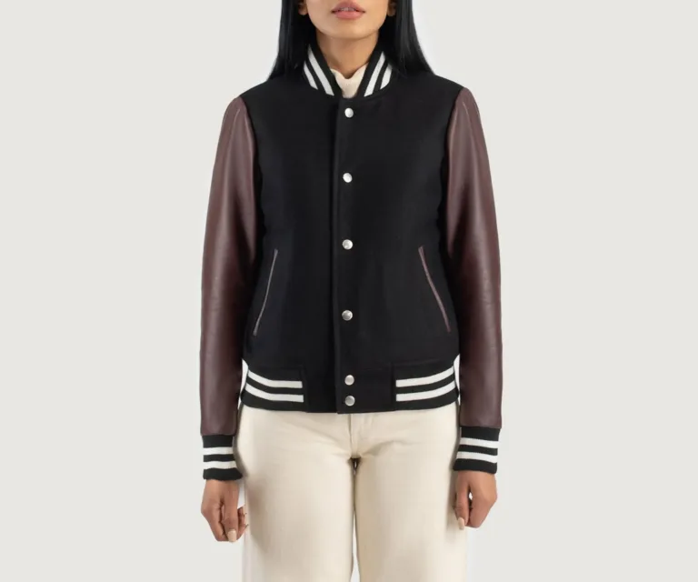 Savant Maroon & Black Hybrid Varsity Jacket Luxury Women's Outerwear — Rear Profile & Tailored Seaming