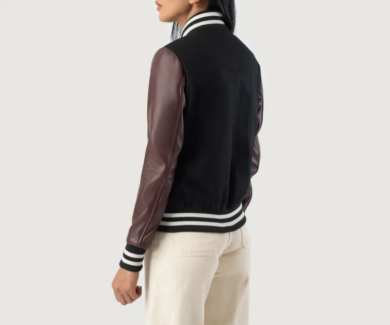 Savant Maroon & Black Hybrid Varsity Jacket Luxury Women's Outerwear — Macro Hardware & Leather Grain