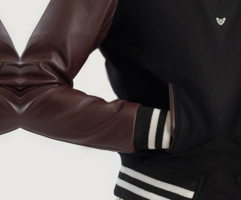 Savant Maroon & Black Hybrid Varsity Jacket Luxury Women's Outerwear — Full-Length Silhouette & Drape