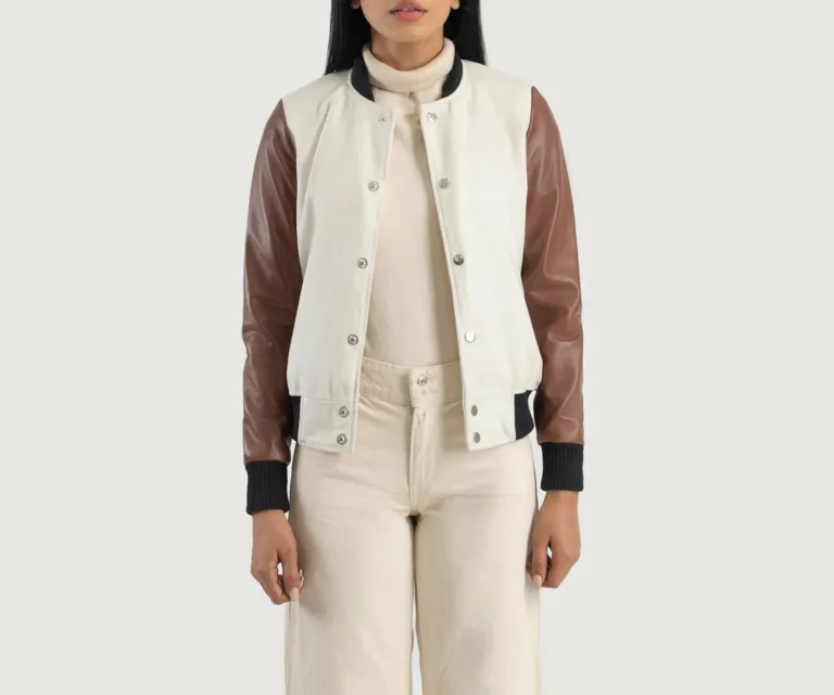Savant White & Brown Hybrid Varsity Jacket Luxury Women's Outerwear — Front Silhouette Hero Presentation
