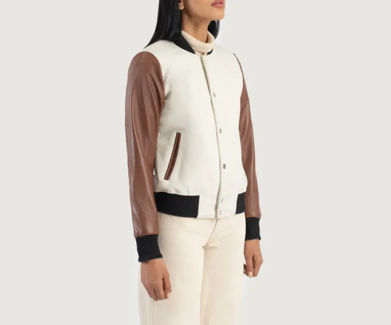Savant White & Brown Hybrid Varsity Jacket Luxury Women's Outerwear — Three-Quarter Editorial Perspective