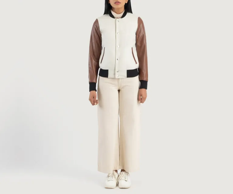 Savant White & Brown Hybrid Varsity Jacket Luxury Women's Outerwear — Collar & Ribbed Trim Architecture