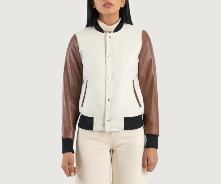 Savant White & Brown Hybrid Varsity Jacket Luxury Women's Outerwear — Rear Profile & Tailored Seaming