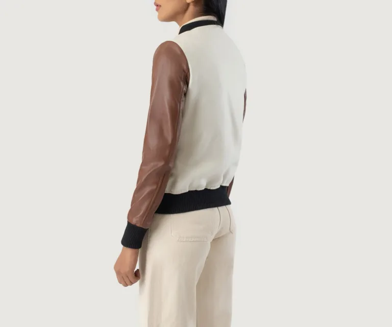 Savant White & Brown Hybrid Varsity Jacket Luxury Women's Outerwear — Macro Hardware & Leather Grain