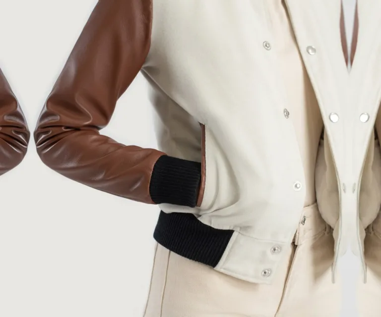 Savant White & Brown Hybrid Varsity Jacket Luxury Women's Outerwear — Full-Length Silhouette & Drape
