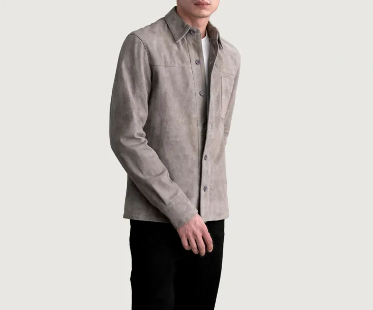 Scout Grey Suede Leather Shirt — Quarter Angle Profile & Contoured Sleeve Detail