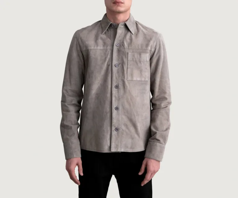 Scout Grey Suede Leather Shirt — Front Placket & Refined Collar Detail