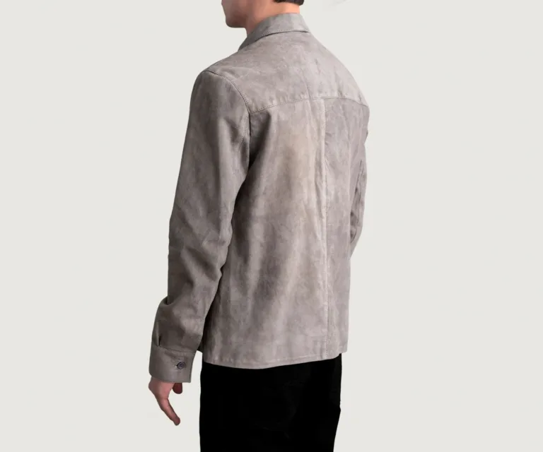 Scout Grey Suede Leather Shirt — Macro Detail Soft Suede Nap, Stitching & Buttons