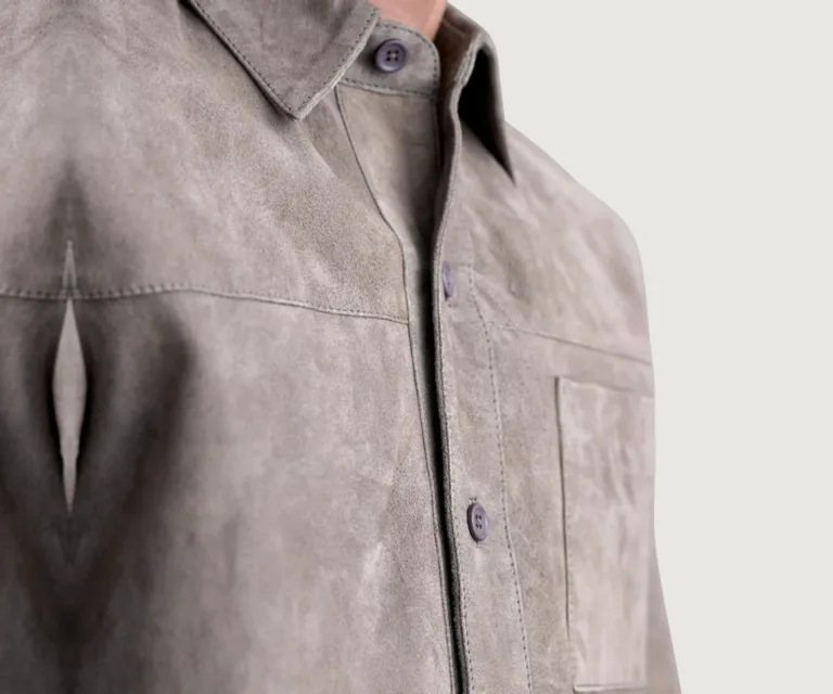 Scout Grey Suede Leather Shirt — Full-Length Model Editorial Presentation