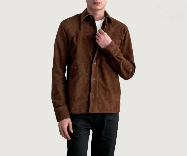 Scout Mocha Suede Leather Shirt — Front Open Hero Presentation