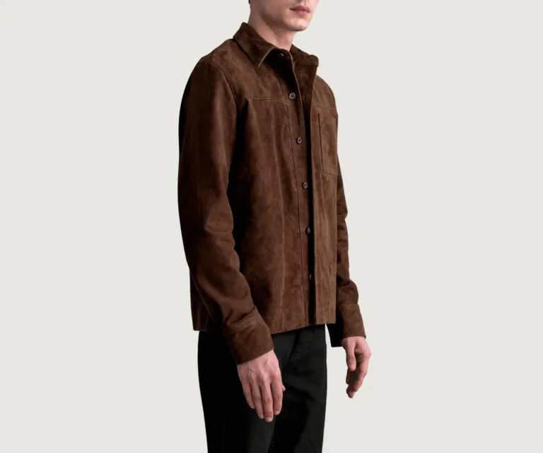 Scout Mocha Suede Leather Shirt — Quarter Angle Profile & Contoured Sleeve Detail
