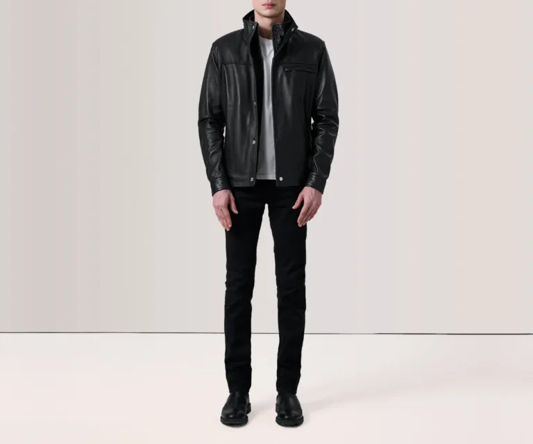 Sean Black Leather Classic Jacket — Quarter Angle Side Profile & Contoured Sleeve Detail