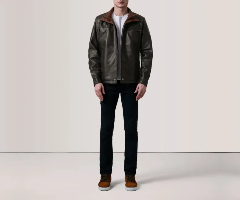 Sean Brown Leather Classic Jacket — Quarter Angle Profile & Contoured Sleeve Detail