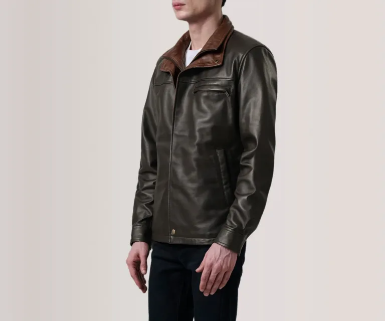 Sean Brown Leather Classic Jacket — Front Zipped Placket & Collar Detail