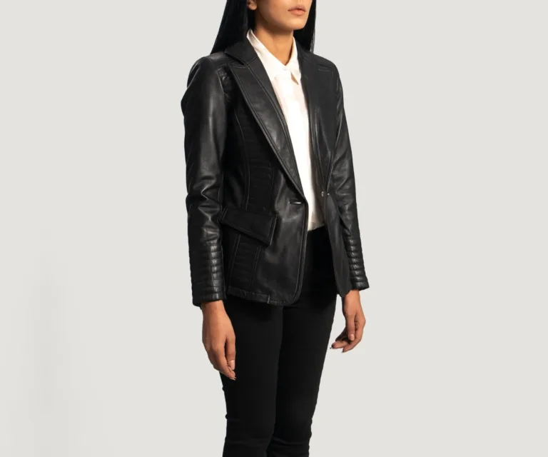 Selina Black Leather Blazer Luxury Women's Outerwear — Three-Quarter Editorial Perspective