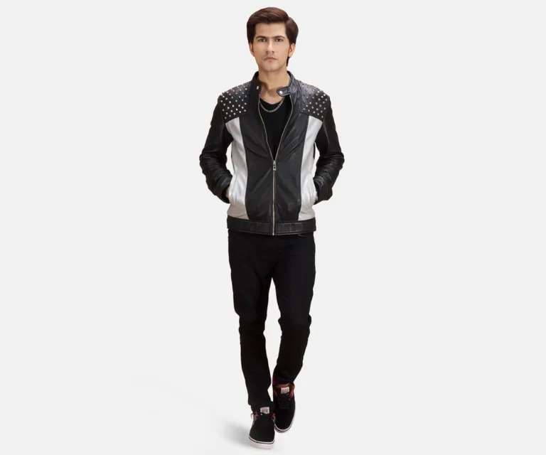 Shapron Studded Leather Biker Jacket — Front Zipped Placket & Collar Detail